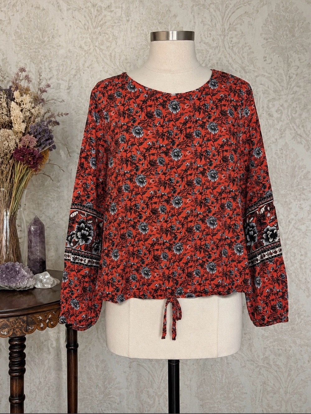 Sarah Michelle Boho Floral Blouse Red Black Blue Long Sleeve XL
